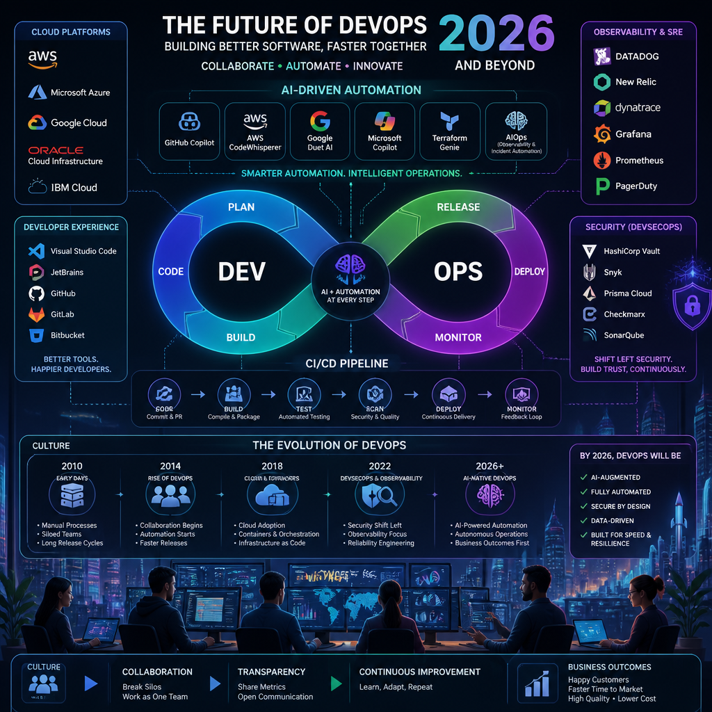 Futuristic illustration of DevOps tools and technologies
