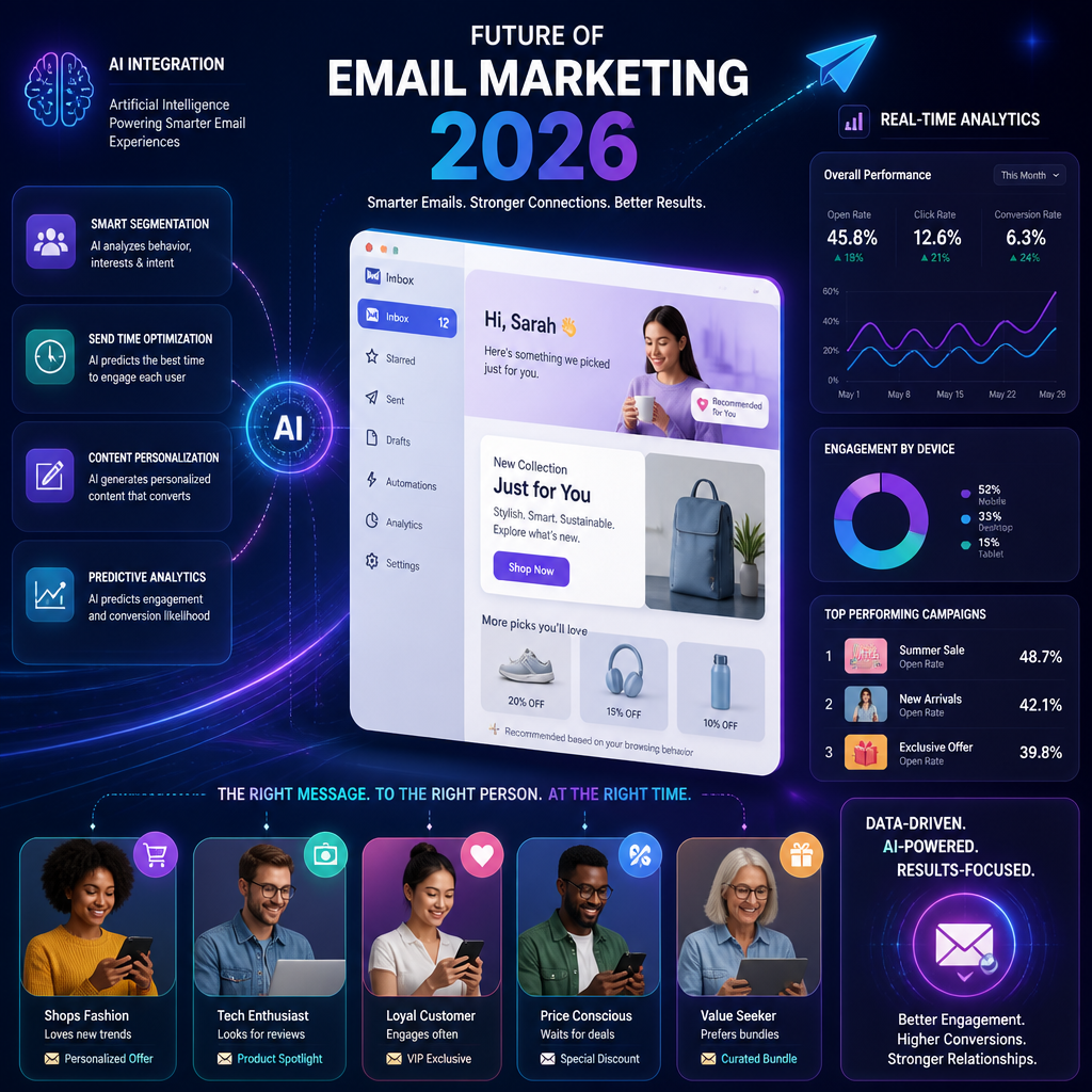 A futuristic email marketing concept featuring visuals of AI integration, personalized emails, and data analytics. The background includes elements like digital metrics, interactive email interfaces, and a representation of diverse email users. This image should convey innovation and advancement in email marketing for 2026.