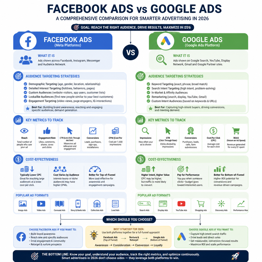 A comprehensive flowchart comparing Facebook Ads and Google Ads